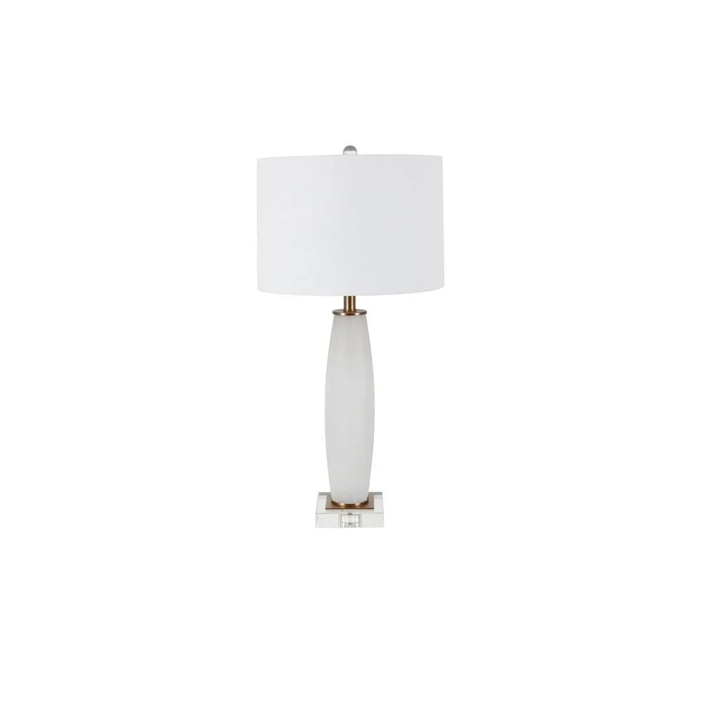 Modern white table lamp with frosted glass base and drum shade on a square stand
