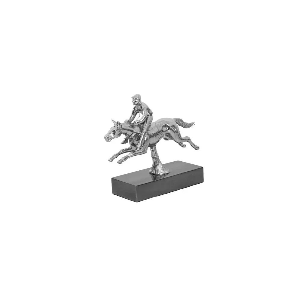 Silver horse and jockey ornament on black rectangular base