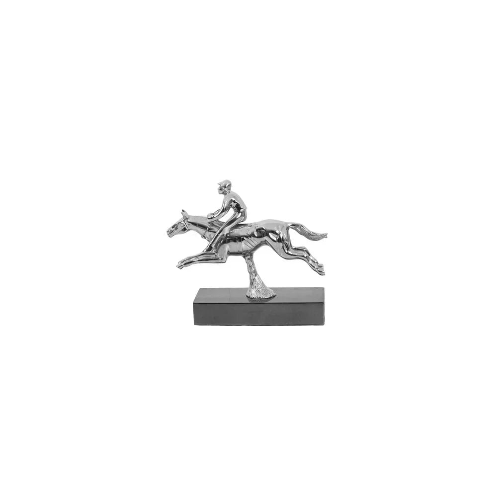 Silver horse and jockey ornament on black rectangular base, decorative home accessory
