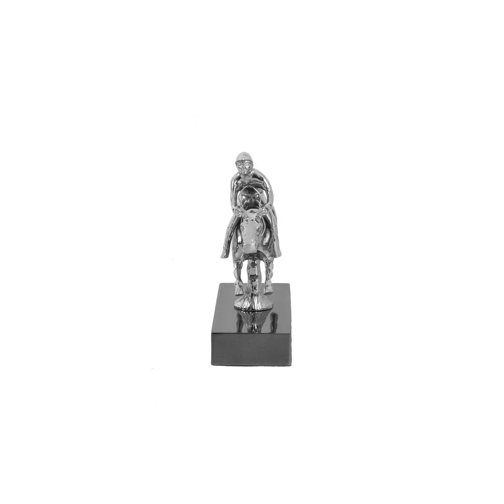Silver horse and jockey ornament on black rectangular base, front view
