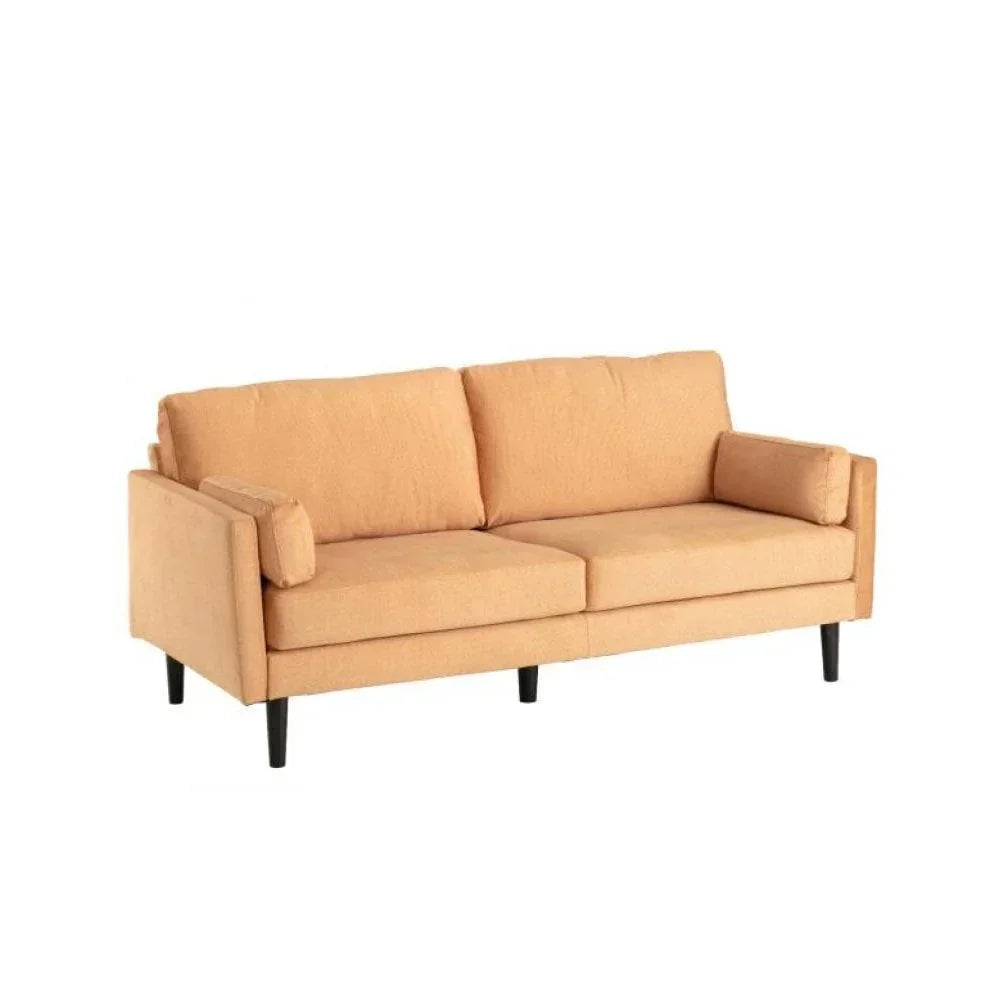 Beige fabric sofa with loose back cushions and slim black legs on white background