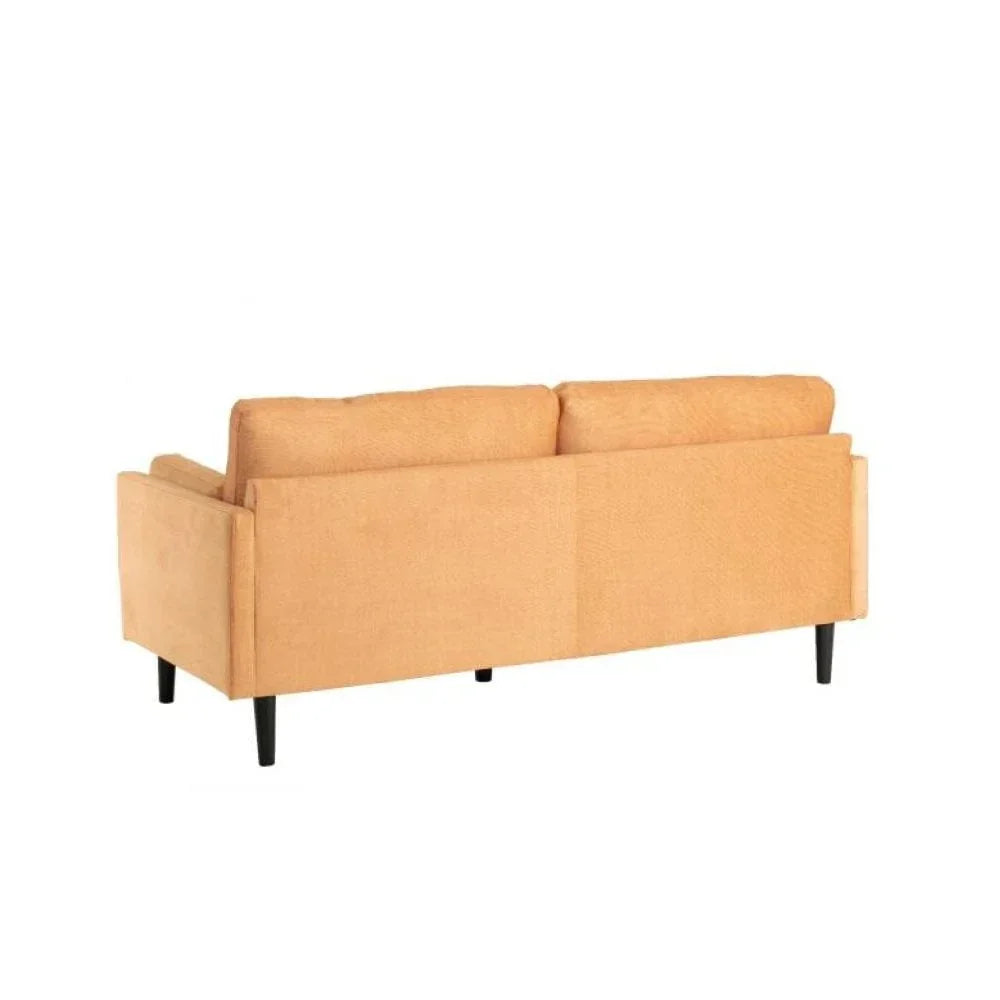 Rear view of orange fabric sofa with slim black legs