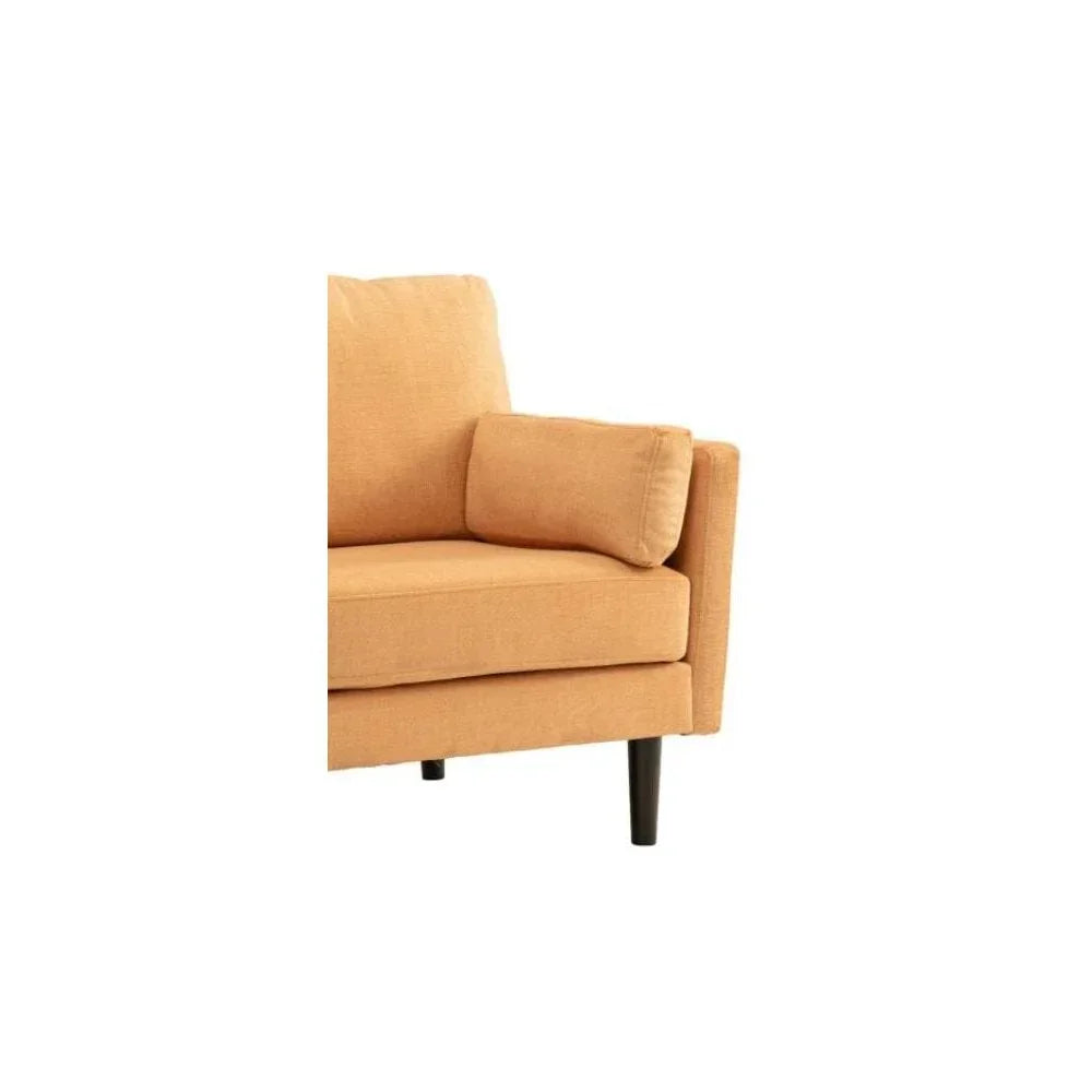 Mustard yellow fabric sofa corner with seat, back and side cushions, black wood legs