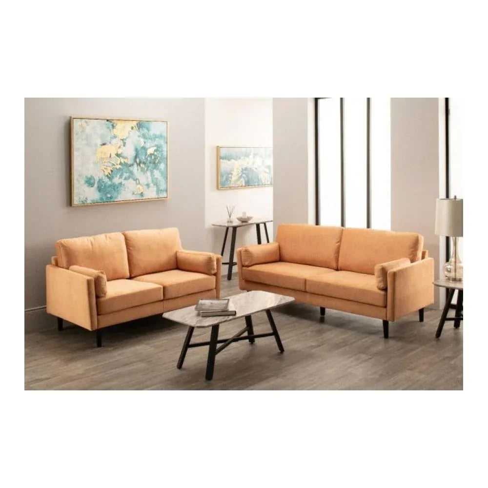 Modern mustard fabric sofa set in living room with coffee table and wall art