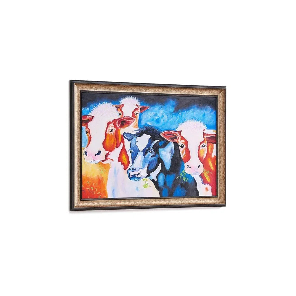 framed wall art featuring colorful abstract cows on a bright background
