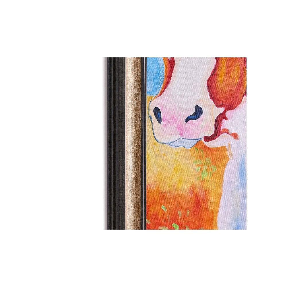 Framed canvas wall art with colorful cow print and textured brush strokes