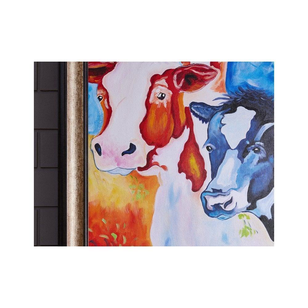 Colorful cow wall art canvas with brown and blue cows in silver and black frame