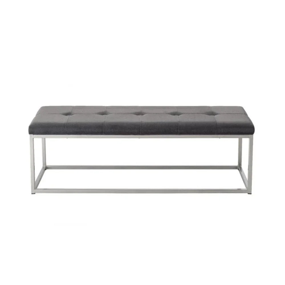 Grey upholstered bench with tufted top and metal frame, modern furniture seating
