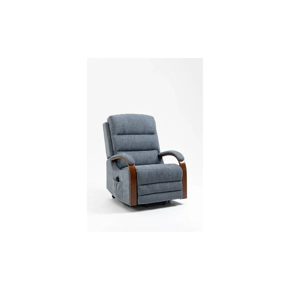 Grey fabric recliner chair with padded seat and wooden armrests on white background