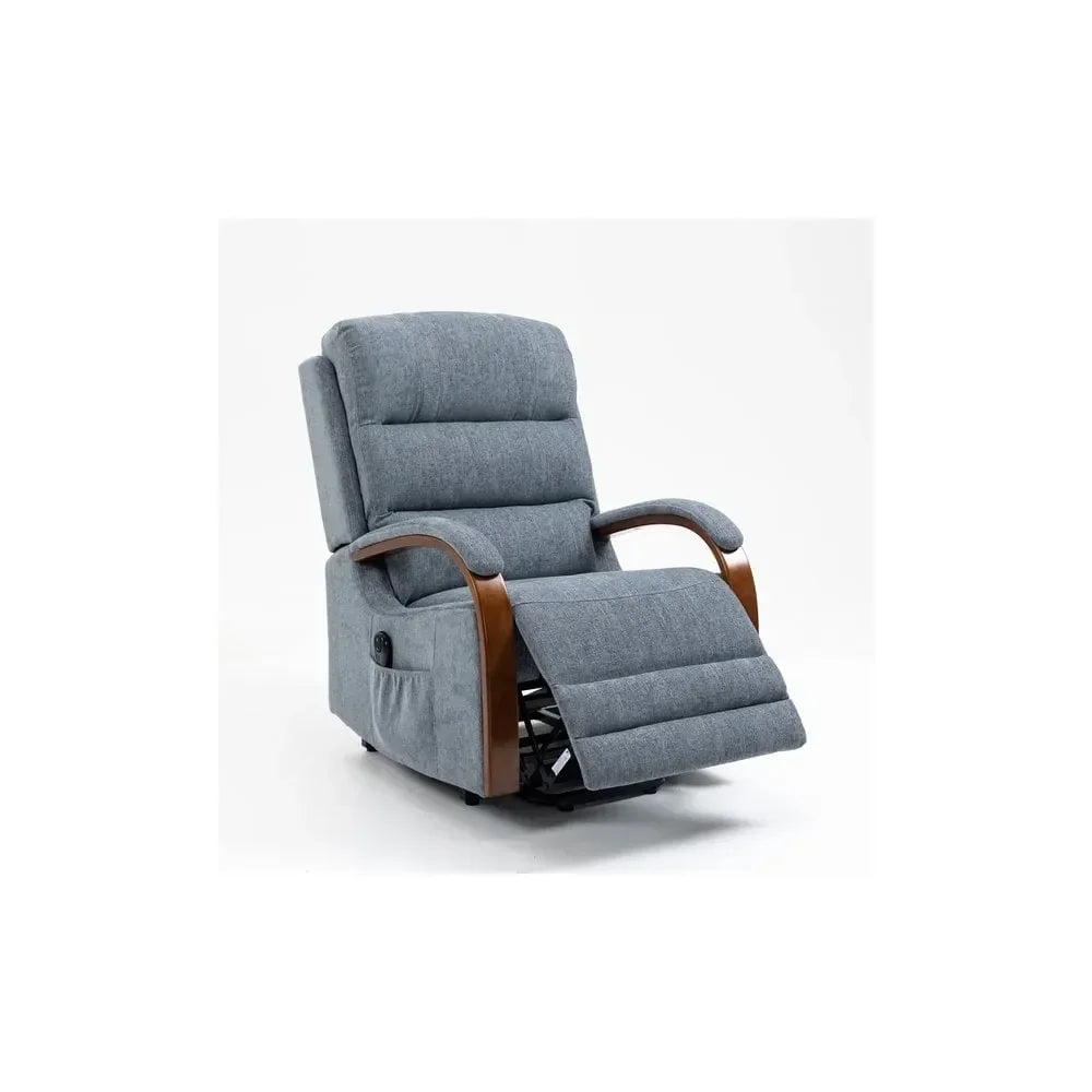 Grey fabric recliner armchair with wooden arms and extended footrest on white background