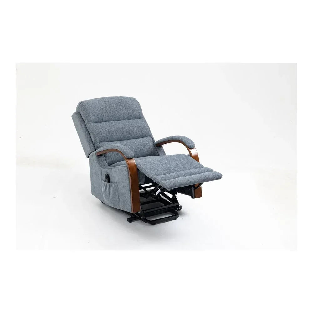 Grey fabric recliner chair with wooden armrests and extended footrest on white background