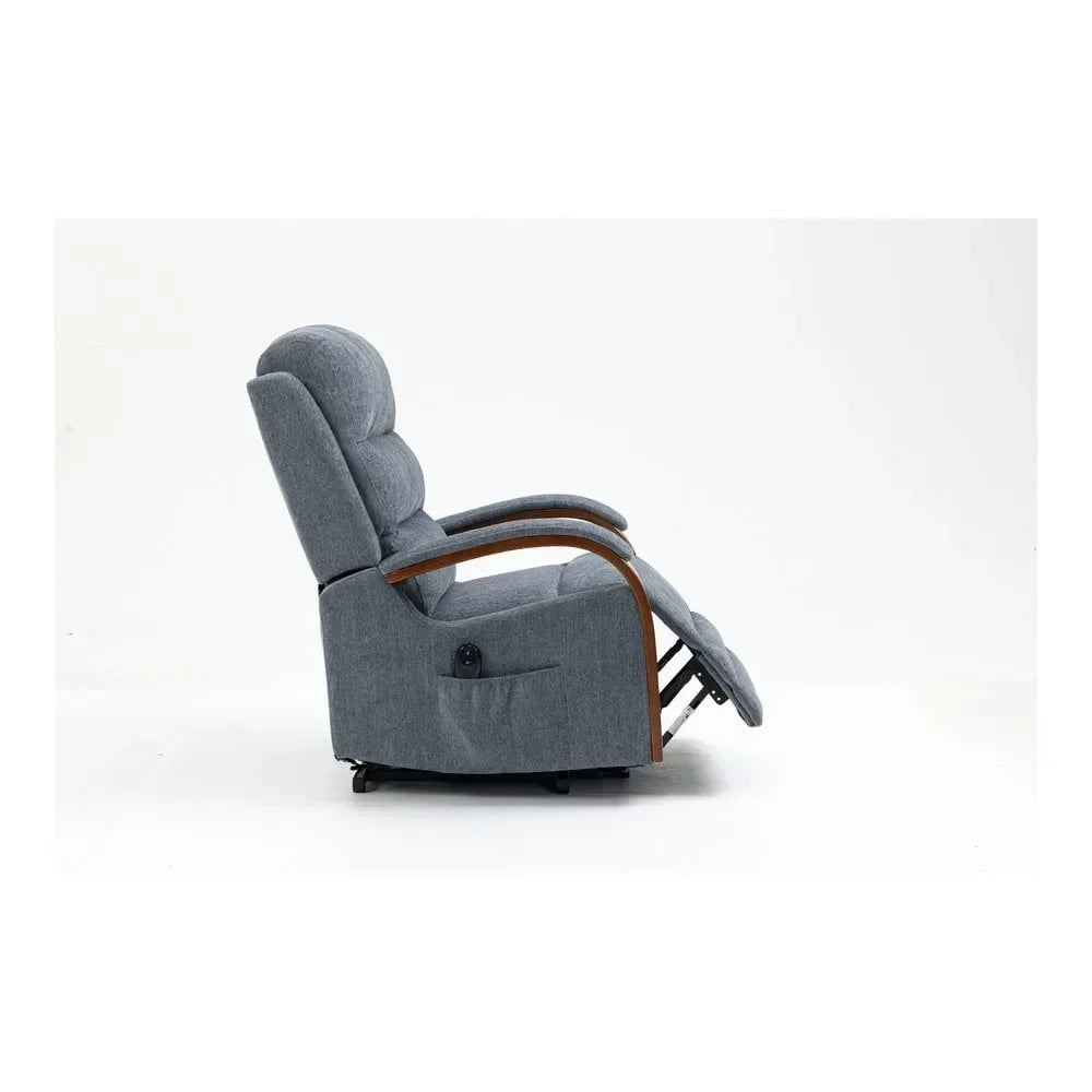 Grey fabric recliner chair with wooden armrests and pocket, side profile