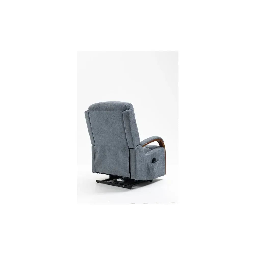 Grey fabric recliner chair rear view with wooden armrest detail on white background