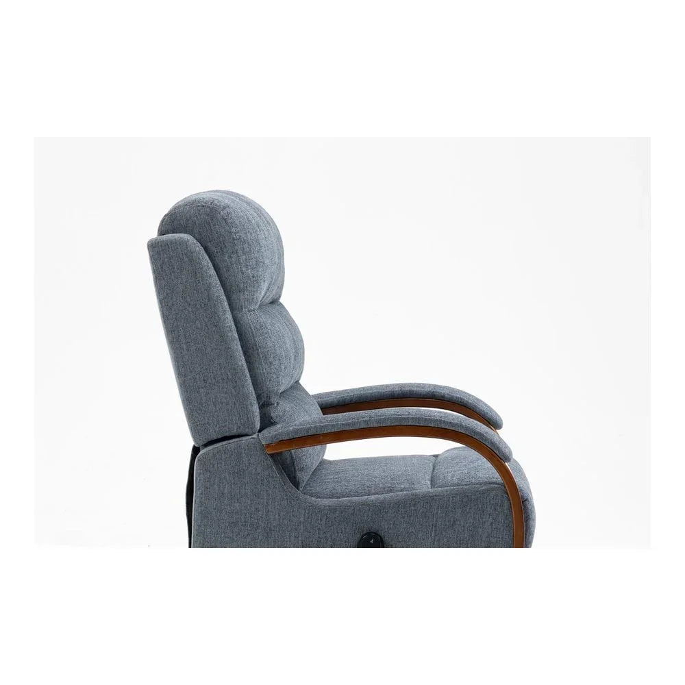 Grey fabric recliner chair profile view with padded backrest and curved wooden armrests
