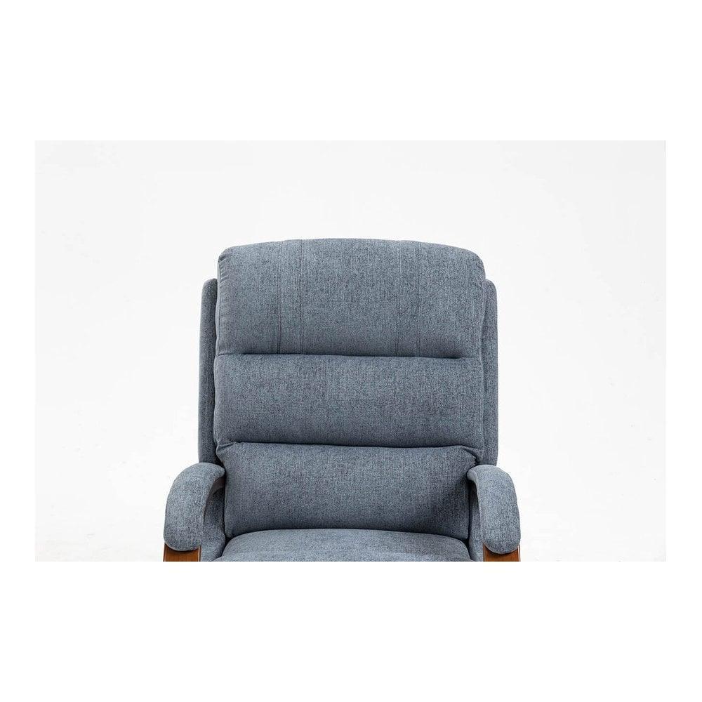 Grey fabric recliner chair with padded high back and wooden armrests front view