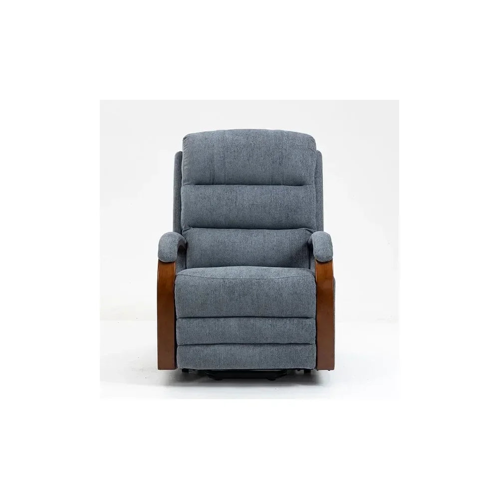Grey fabric recliner chair with padded seat and wooden armrests, front view