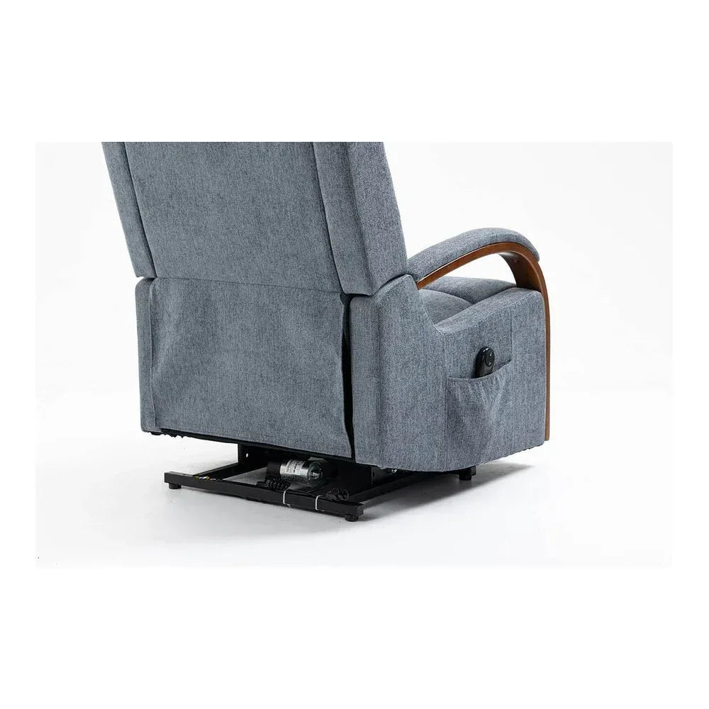 Rear view of grey fabric recliner chair with wooden armrests and lift mechanism visible