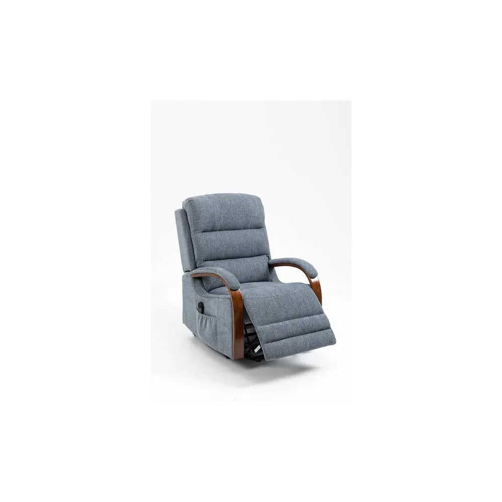 Grey fabric recliner chair with wooden armrests and extended footrest on white background