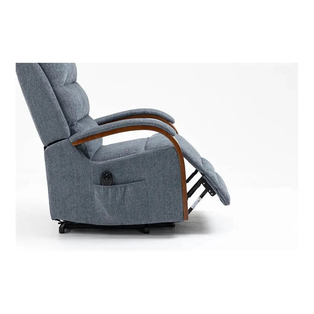 Grey fabric recliner chair with wooden armrests in extended position, side view