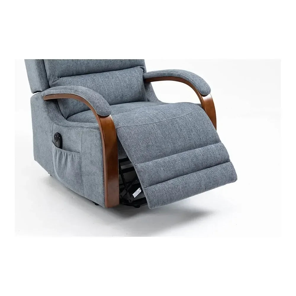 Grey fabric recliner chair with wooden armrests and extended footrest