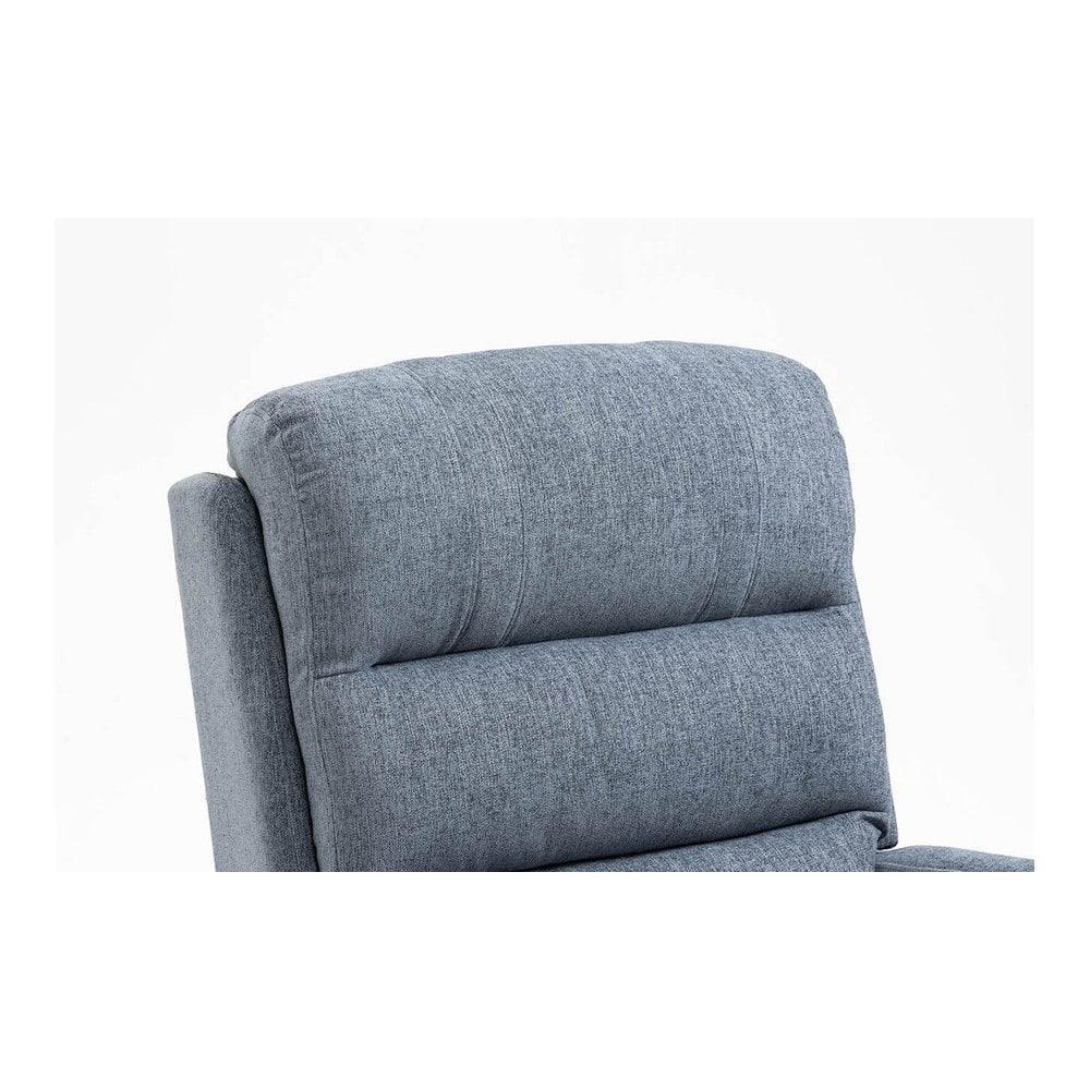 Grey fabric sofa headrest with padded, horizontal stitched detail, close-up view