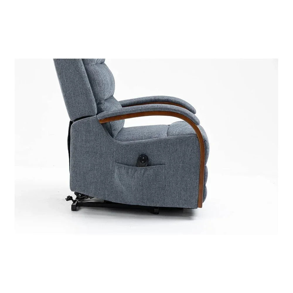 Side view of grey fabric recliner chair with wooden armrests and remote pocket