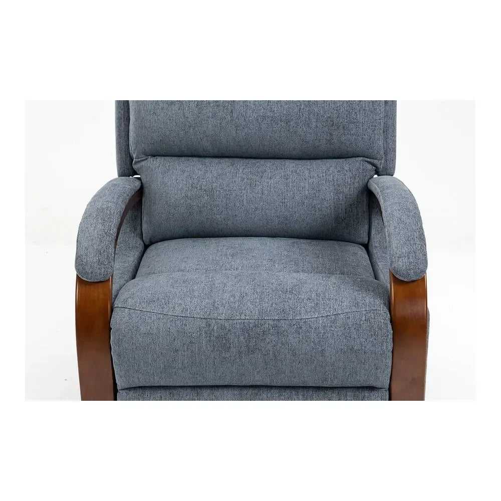 Grey fabric armchair with padded seat and wooden curved armrests, front close-up view