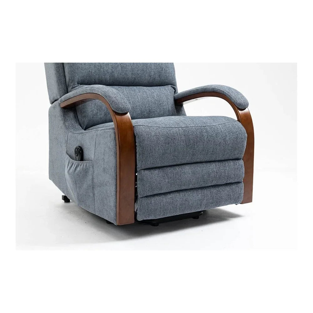 Grey fabric recliner chair with curved wooden arms and side pocket, front angle view