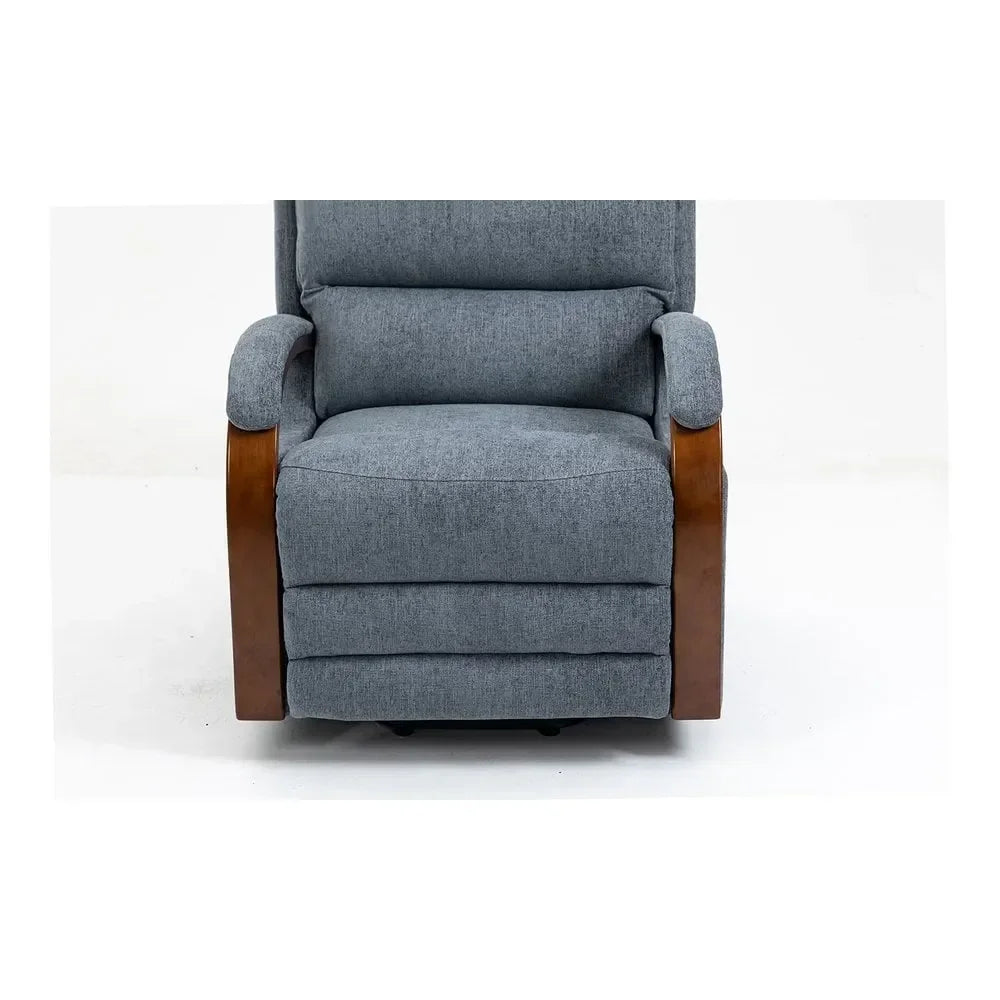 Grey fabric recliner chair with padded seat and wooden armrests, front view