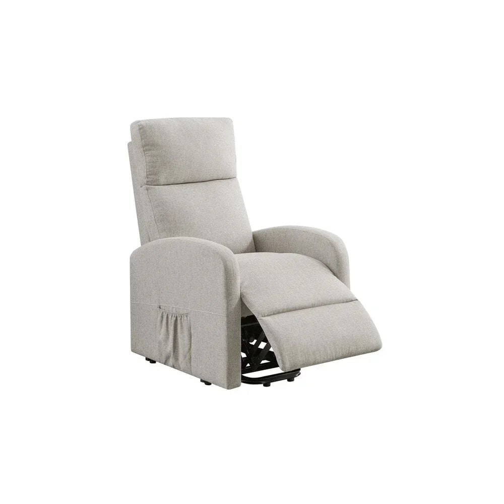Light grey fabric recliner chair with padded armrests and extended footrest