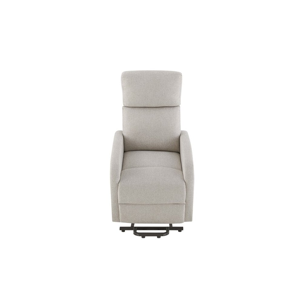Light grey fabric recliner chair with footrest viewed from the front