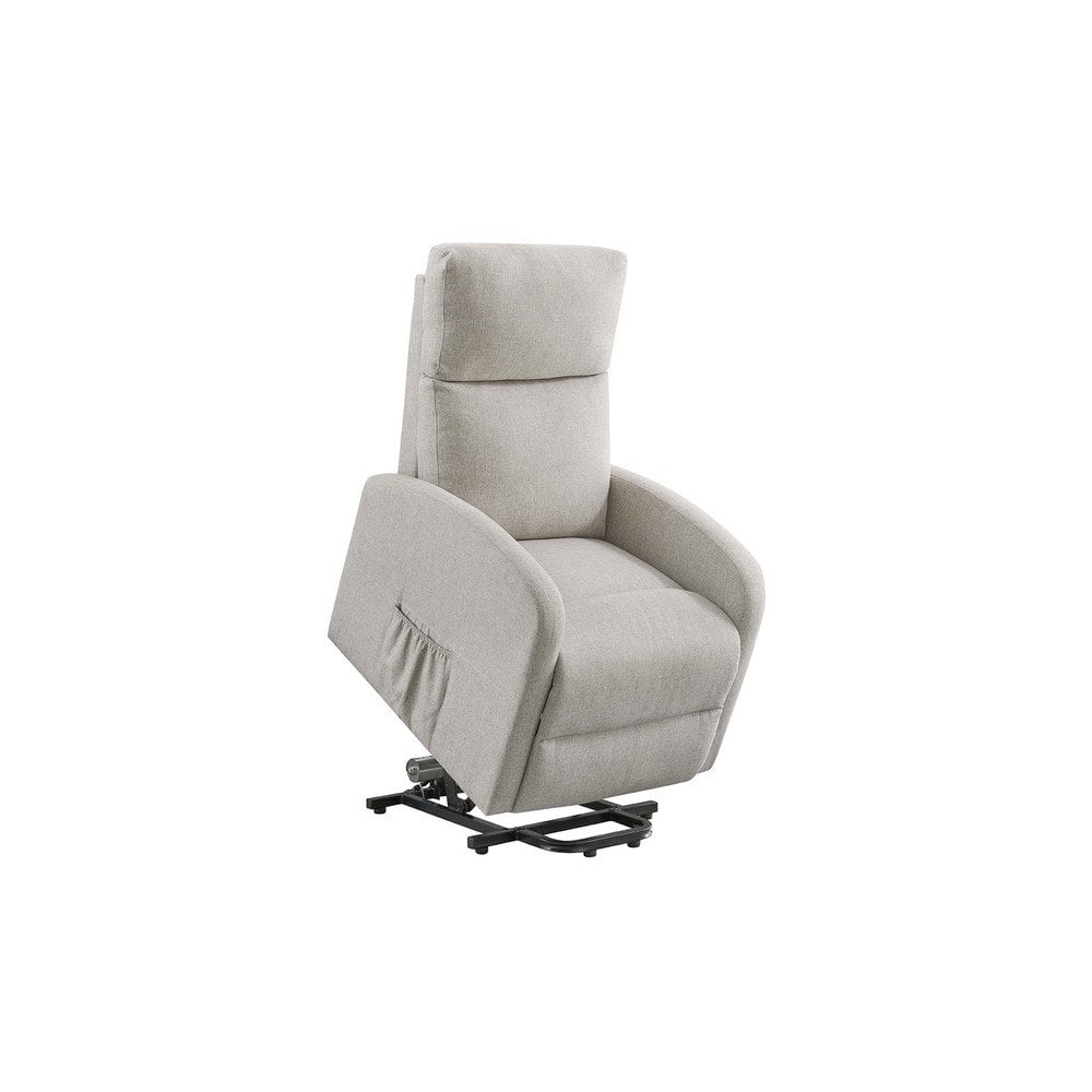 Light grey fabric recliner chair with high backrest and side pocket on white background