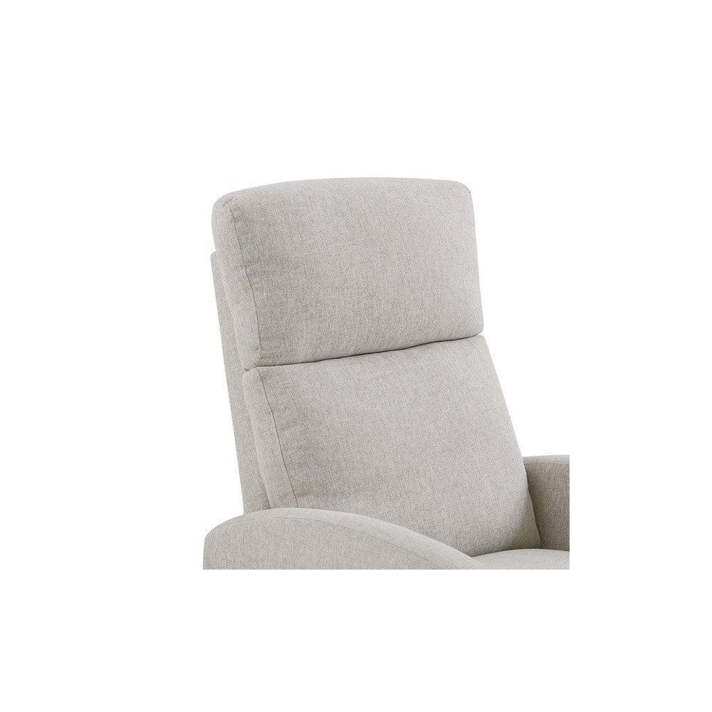 Light grey fabric recliner chair with high back and padded armrest close-up