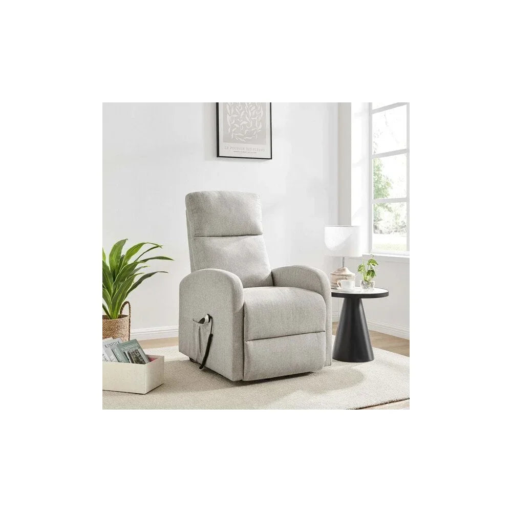 Light grey fabric recliner chair in modern living room with side table and window