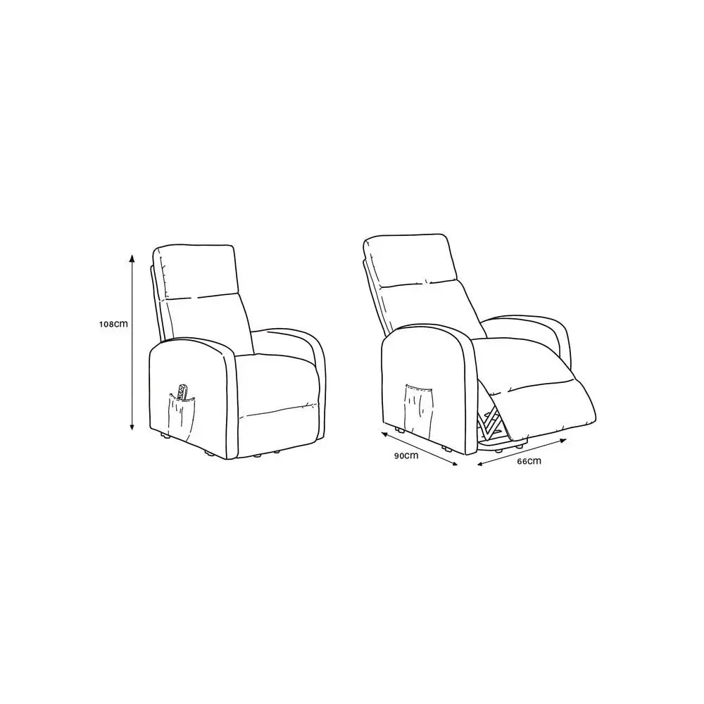 Recliner chair dimensions with remote pocket shown upright and fully reclined positions