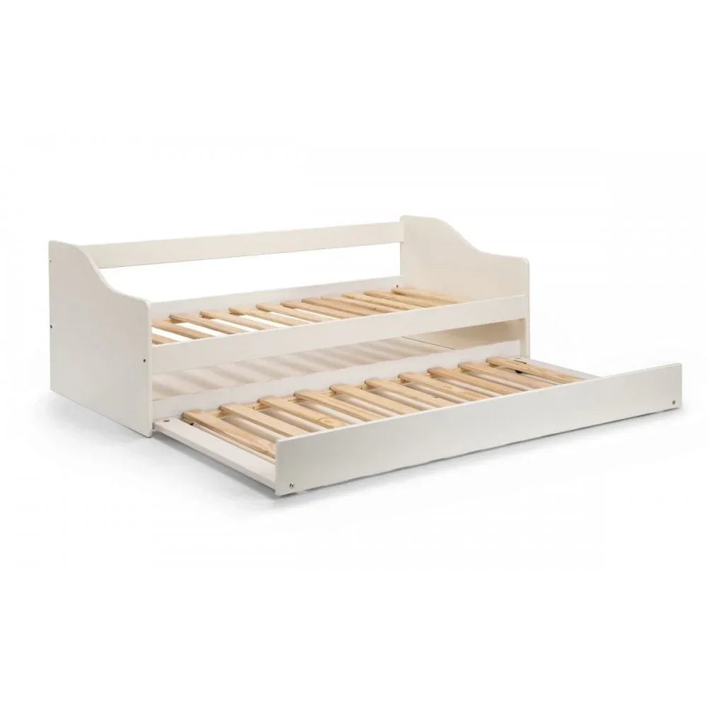 White wooden day bed frame with pull-out trundle shown from front angle