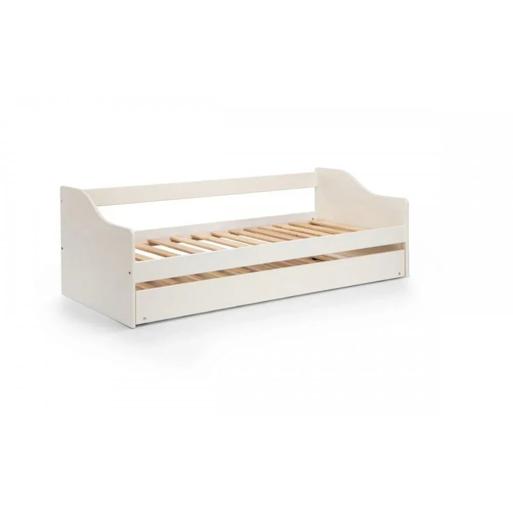 White wooden daybed frame with open slatted base and low side panels