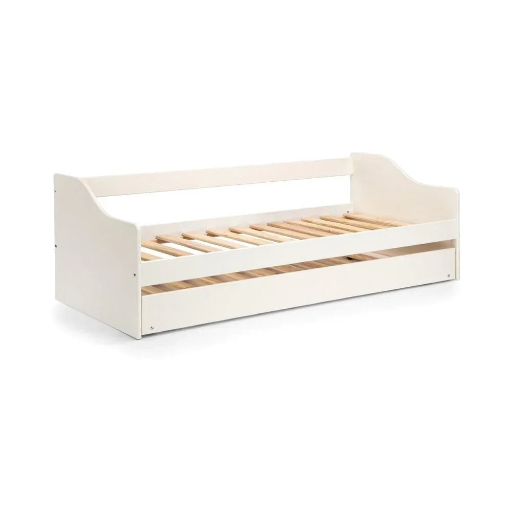 White wooden day bed frame with open slatted base and low side panels