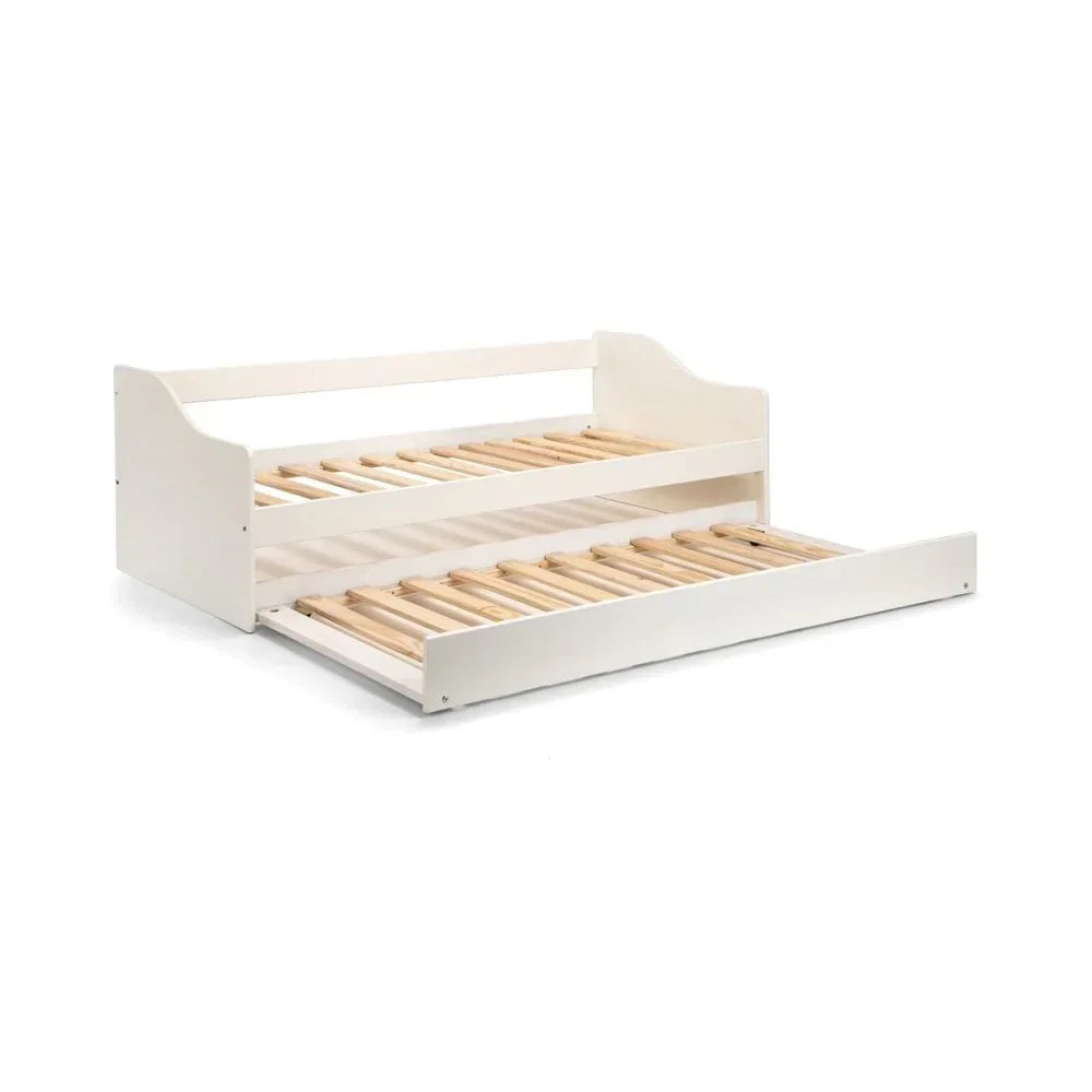 White wooden day bed with pull-out trundle frame, shown on white background