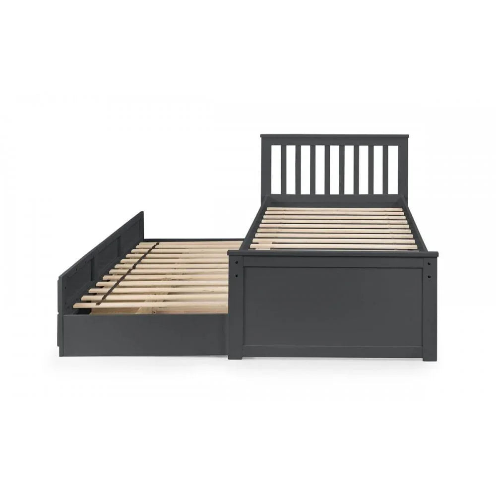 Dark grey wooden trundle bed frame with slatted base and pull-out guest bed extended