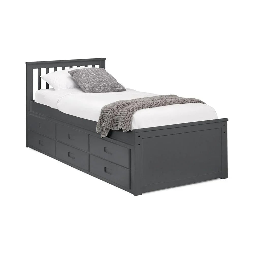 Single grey storage bed with slatted headboard and six drawers, styled with bedding