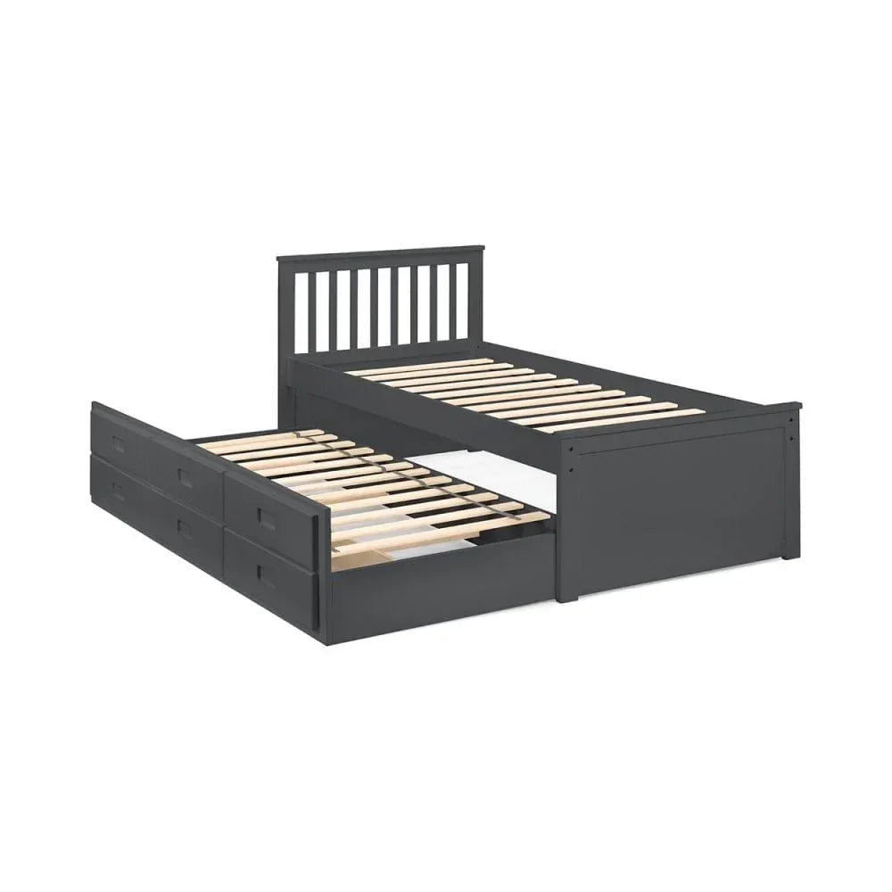 Dark grey wooden bed frame with pull-out trundle bed and storage drawers