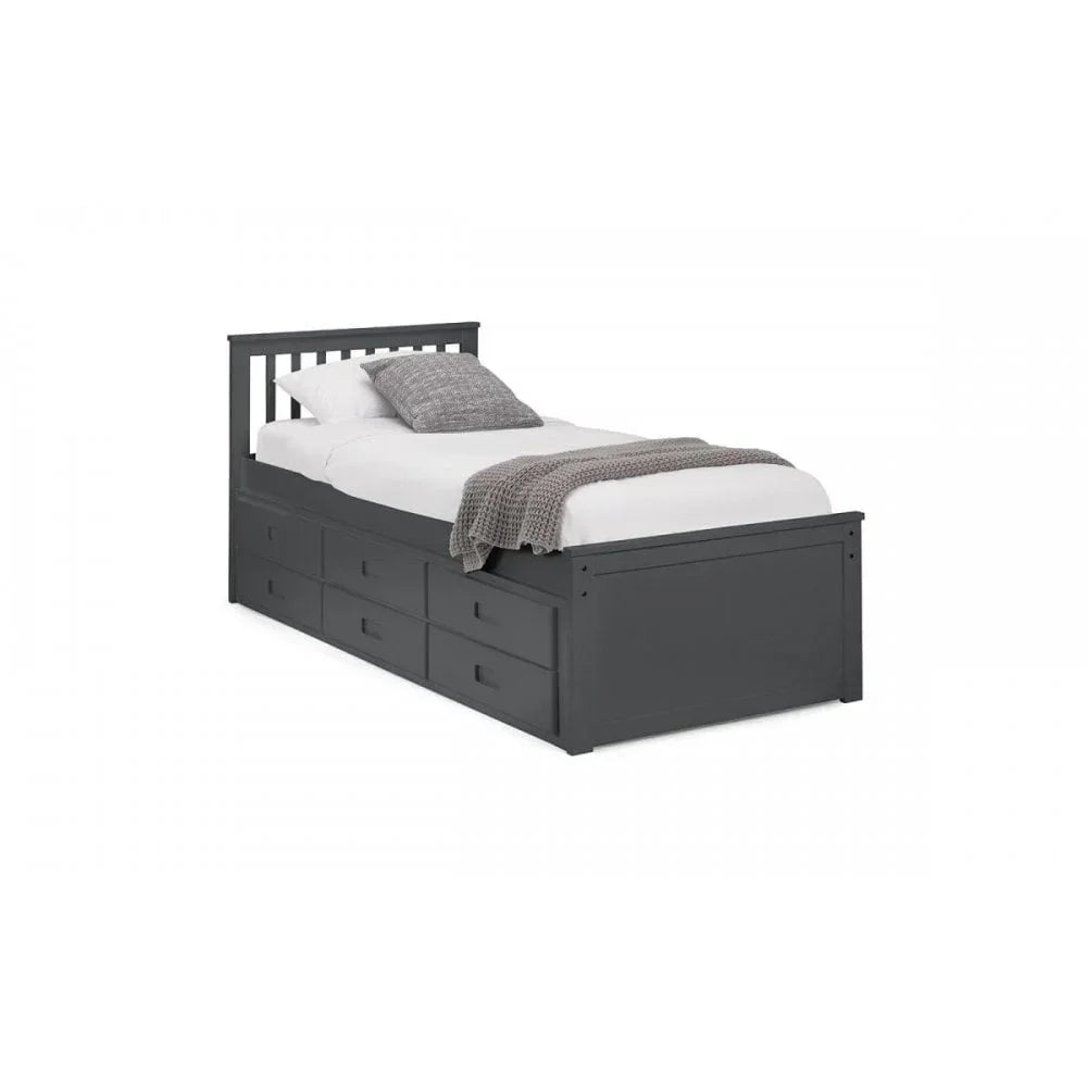 Grey single storage bed with six drawers, slatted headboard, bedding, and blanket