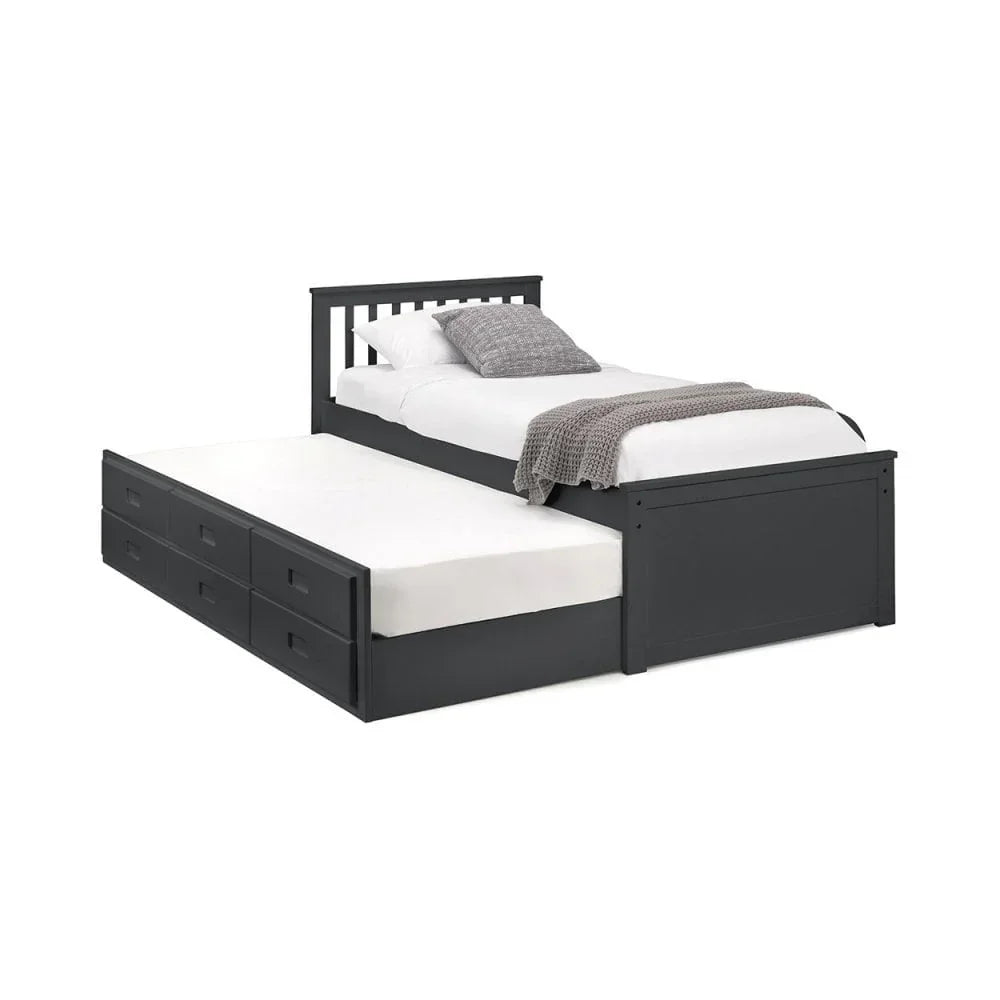 Black wooden trundle bed with storage drawers and two single mattresses
