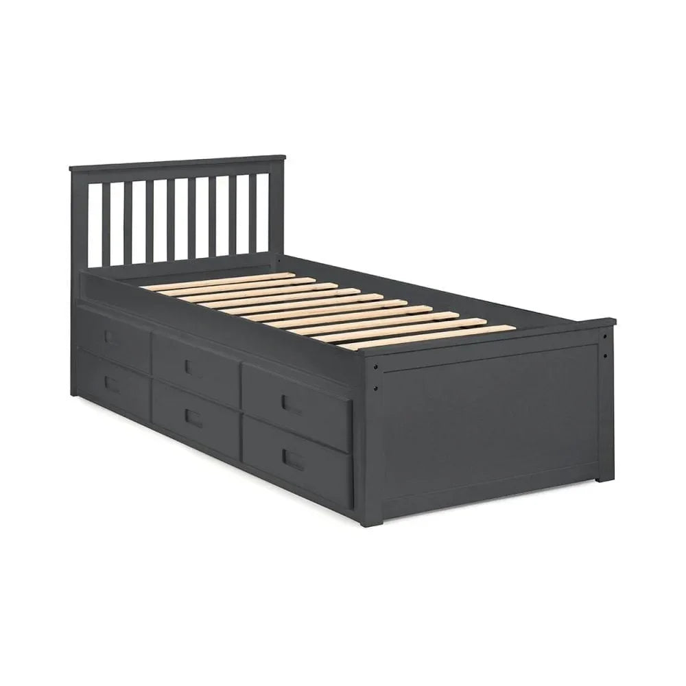 Single bed frame with six storage drawers in dark grey finish