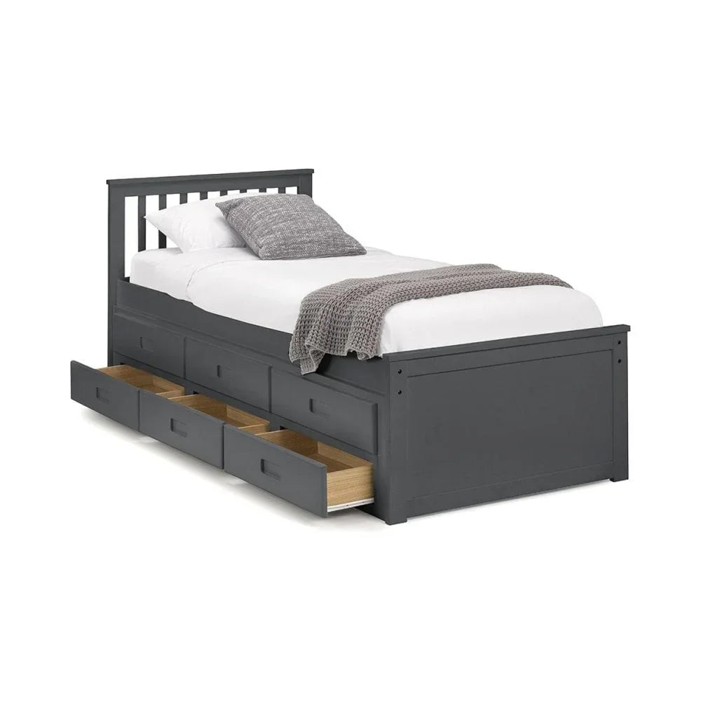 Grey wooden single bed with storage drawers and white bedding