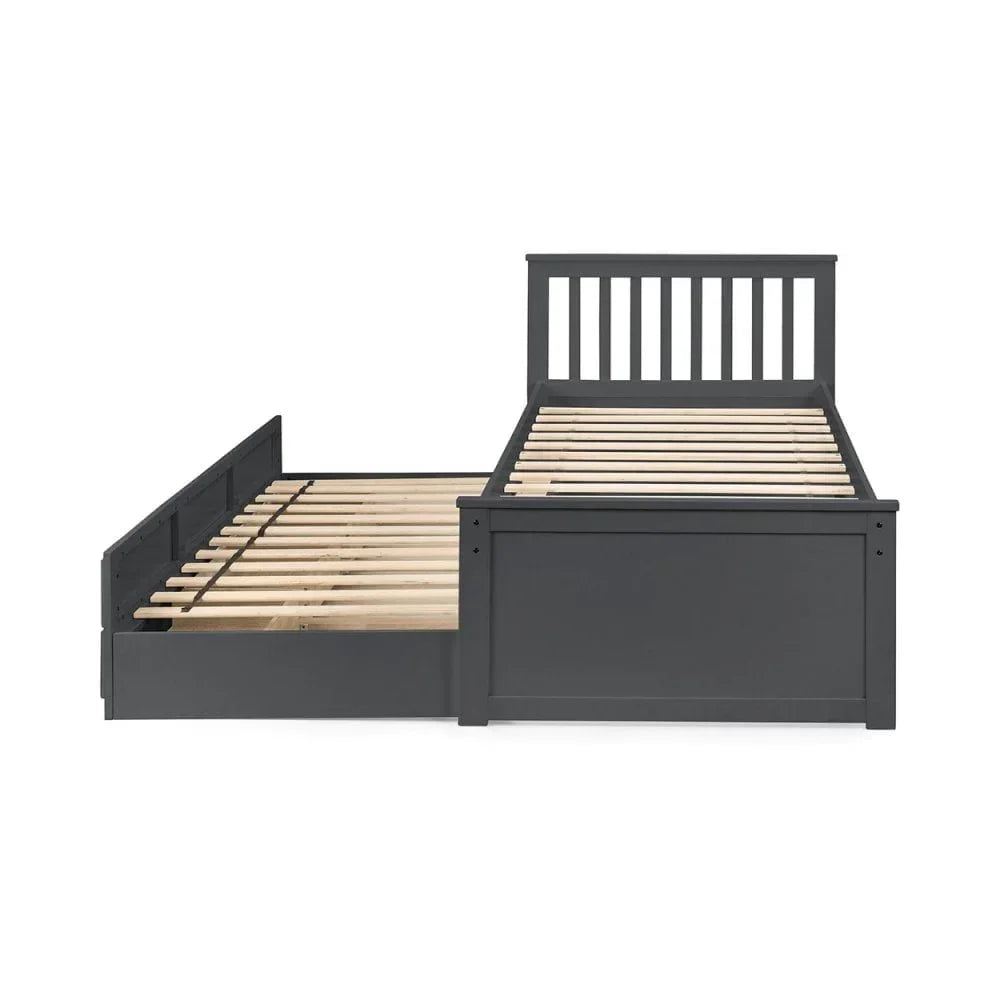 Grey wooden bed frame with pull-out guest bed and slatted base, front view