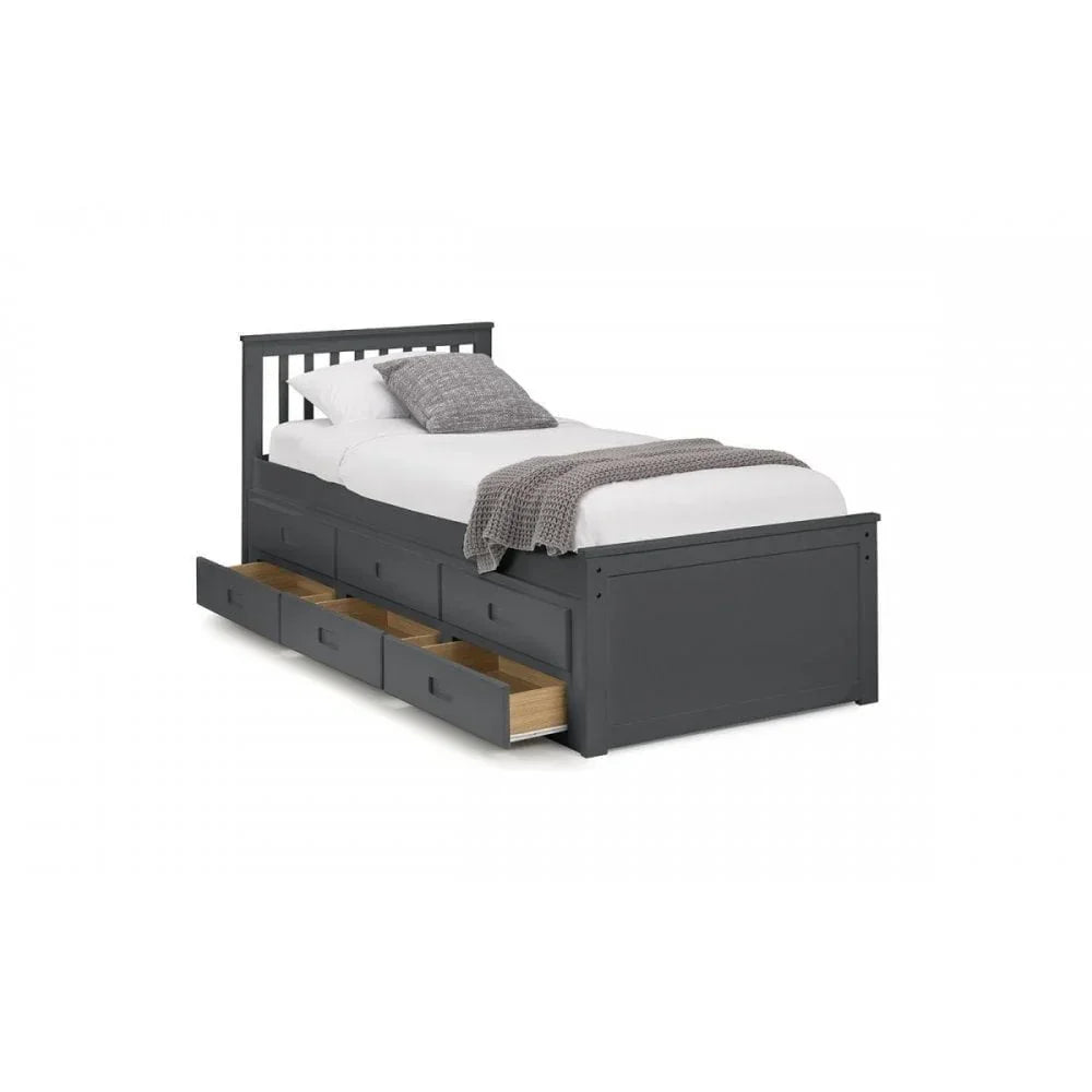 Grey single storage bed with three pull-out drawers, white bedding and a grey throw