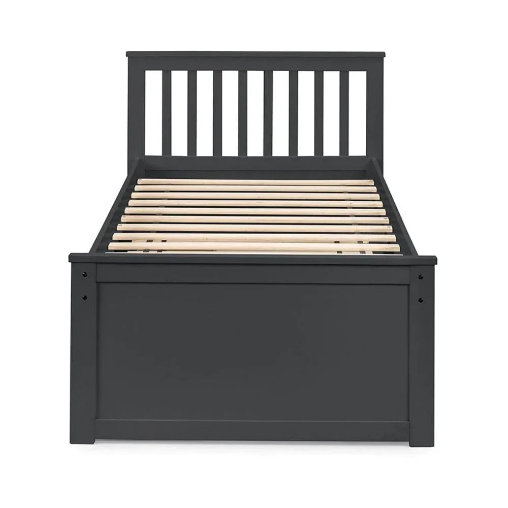 Black wooden single bed frame with slatted base and vertical panel headboard, front view