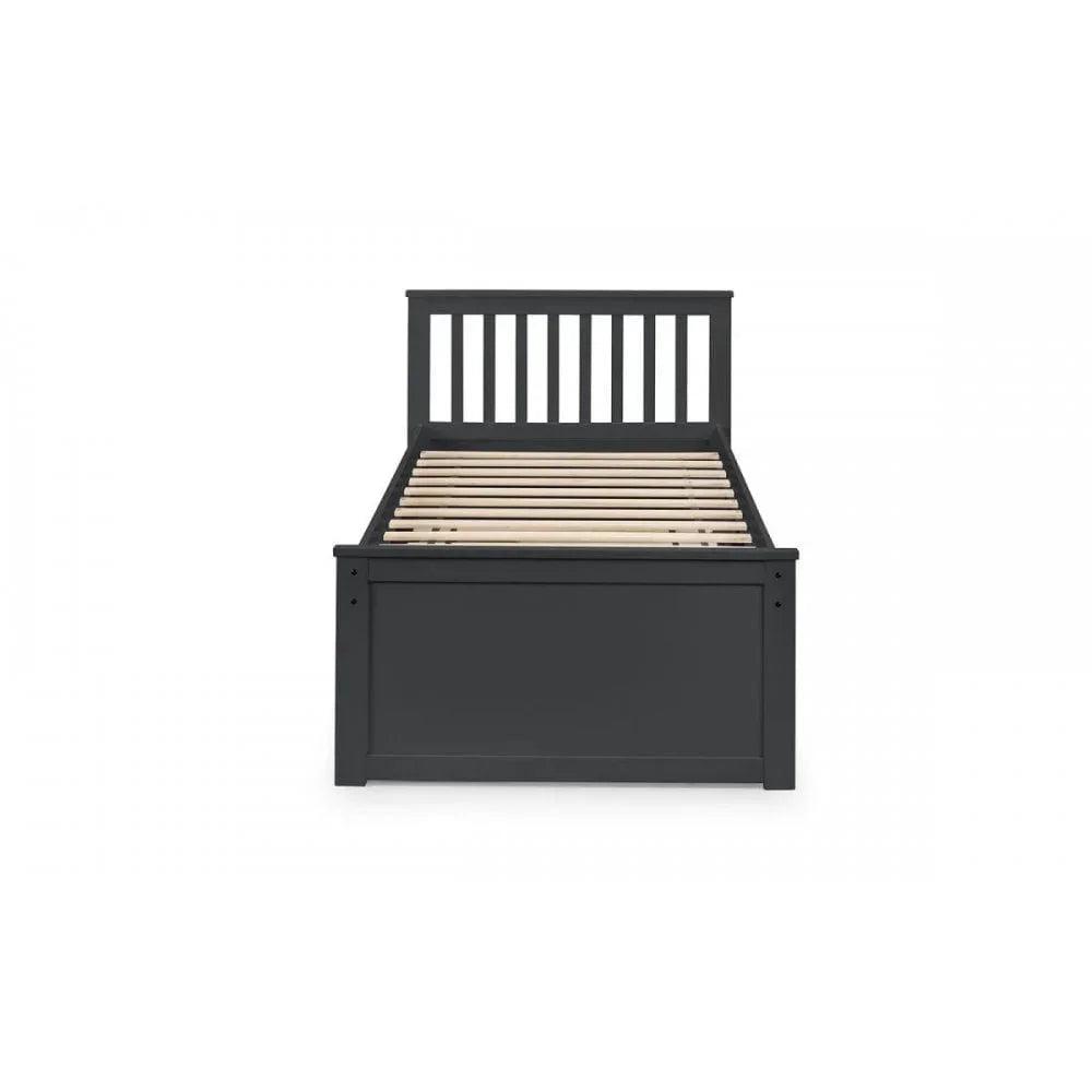 Black wooden bed frame with slatted base and vertical headboard, front view